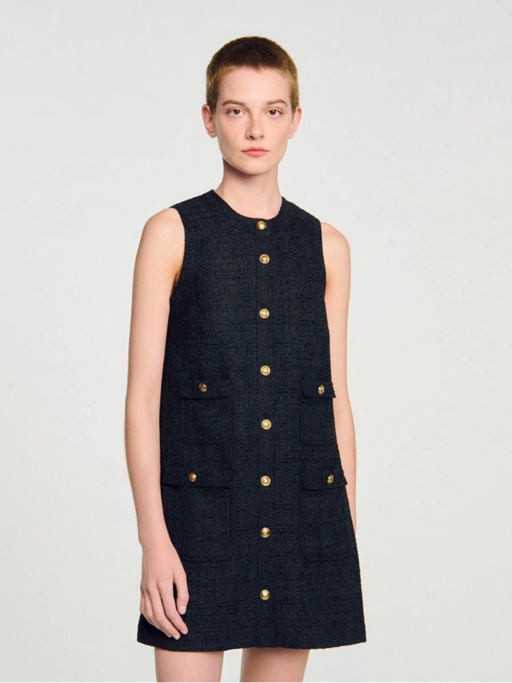 NWT Sandro Mini Black Tweed Shift Dress with Gold Buttons